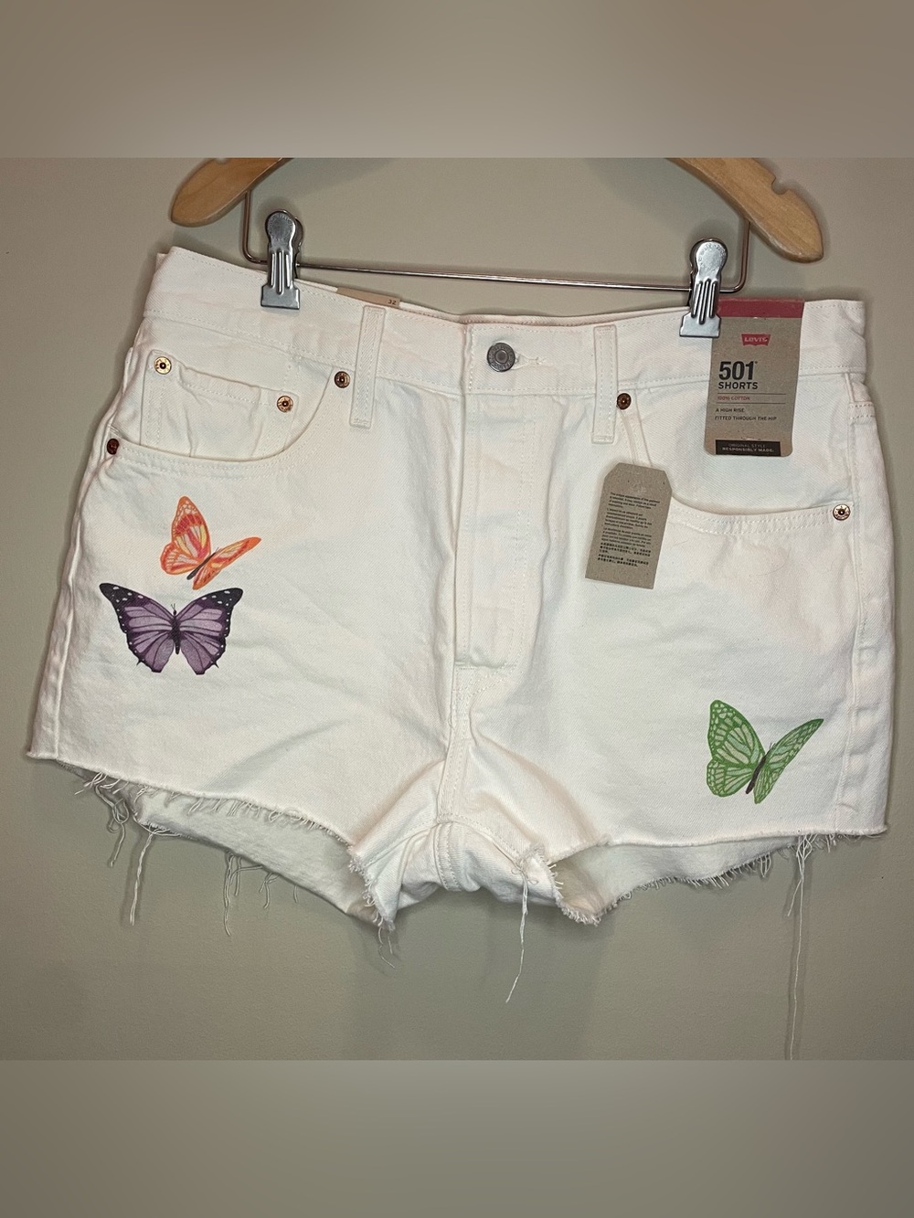 Levi's Premium 501 White Denim Cutoff Shorts Butterfly Embroidered NWT Size 32
